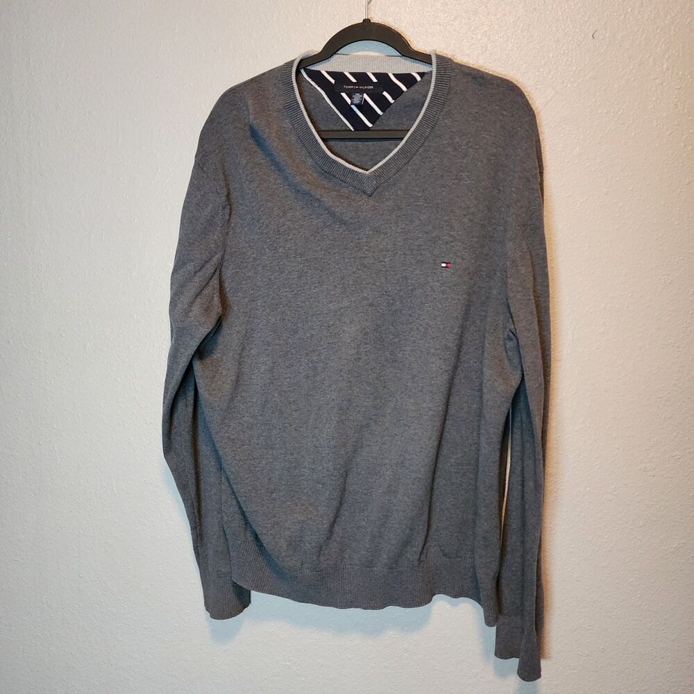 Tommy Hilfiger Mens V-Neck Sweater XXL Heather Grey Flag Logo Cotton Pullover